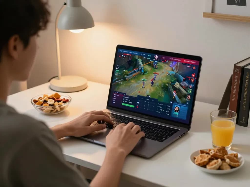 Engaging in esports betting Singapore on a laptop, showcasing live match interface and strategy notes