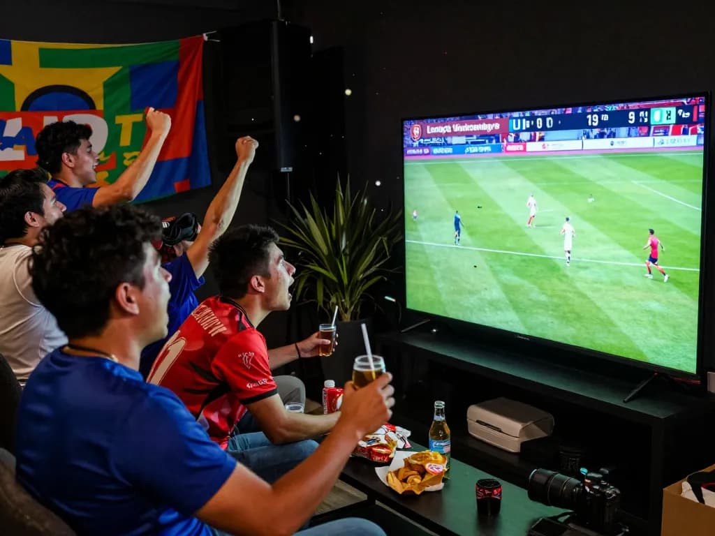 Excited fans watching a live football match on LuongSonTV, celebrating in vibrant jerseys.