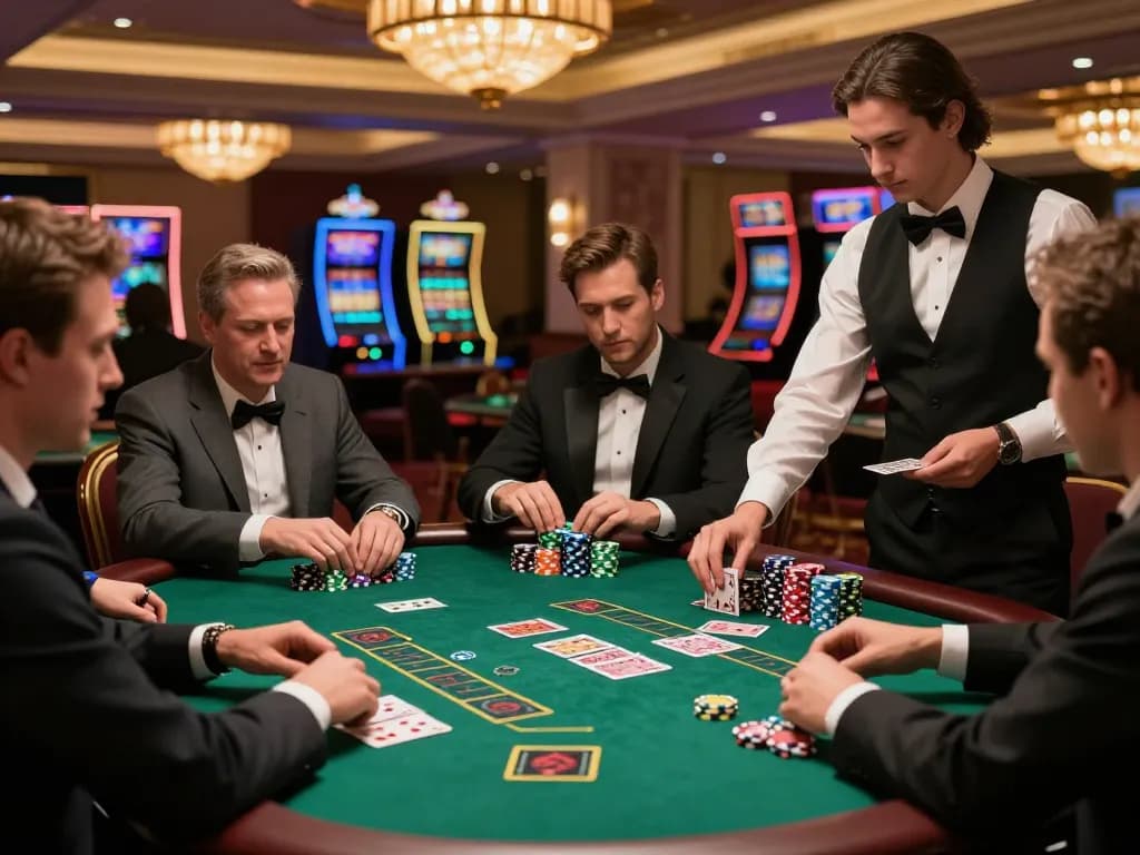 Tg88 players engaged at a blackjack table in an upscale casino, dynamic gameplay and strategic excitement.