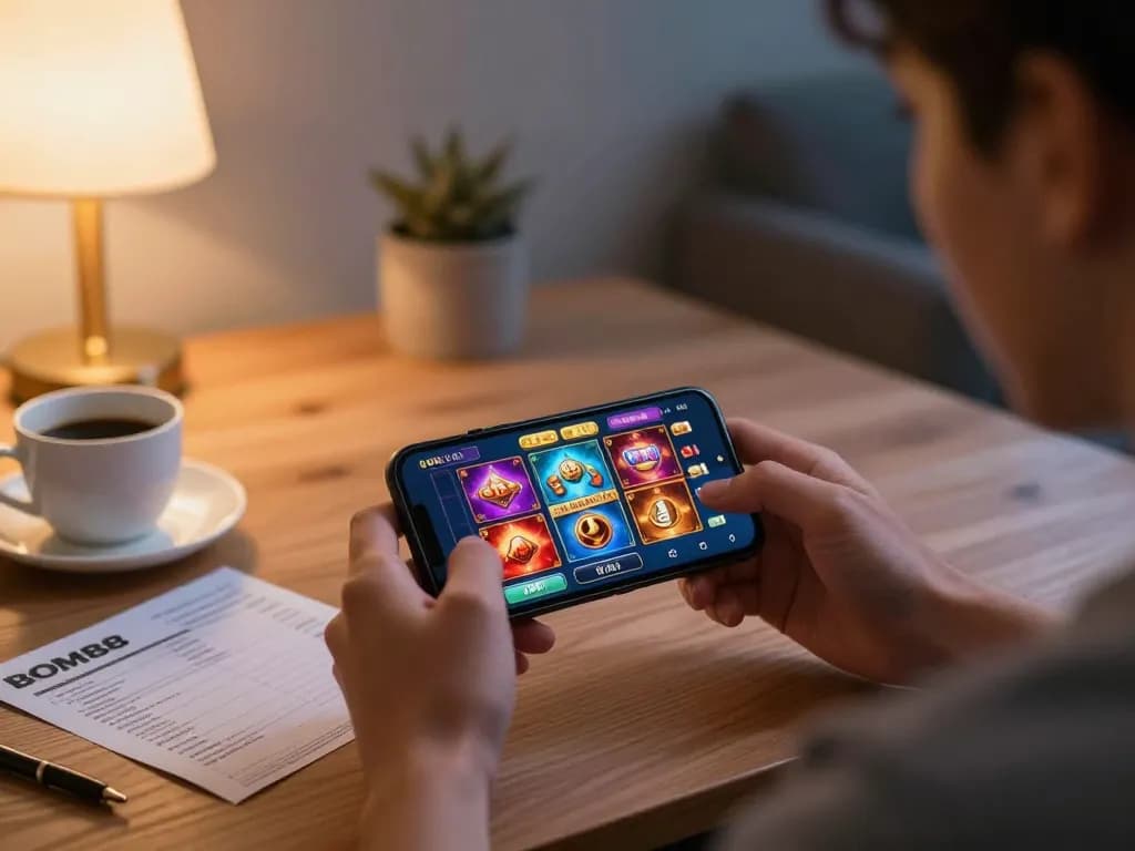 Pengalaman bermain game mobile BOM88 dengan pengguna yang terlibat dalam permainan kasino sambil menikmati suasana yang nyaman.