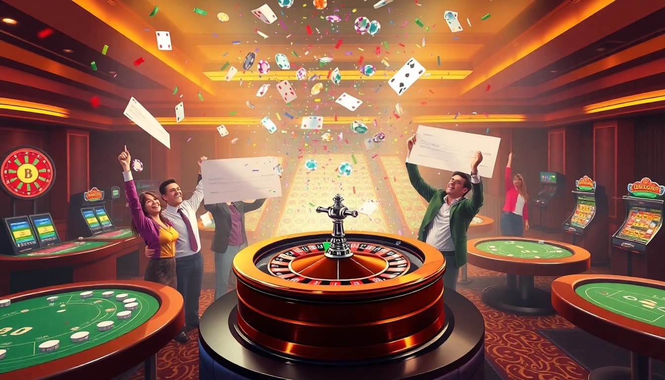 Celebration scene depicting the explosion of a prize-winning lottery at a lively casino event.