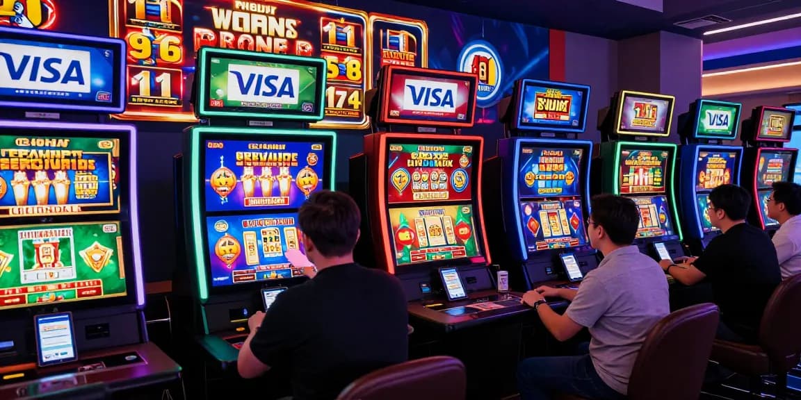 Credit card casino experience at https://eviz.org.uk showcasing vibrant gaming with multiple players at slot machines.