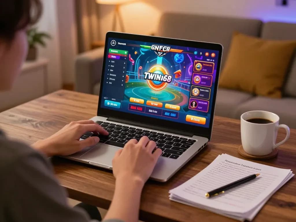 TWIN68 player engaged in online gaming strategy with laptop in cozy setting.