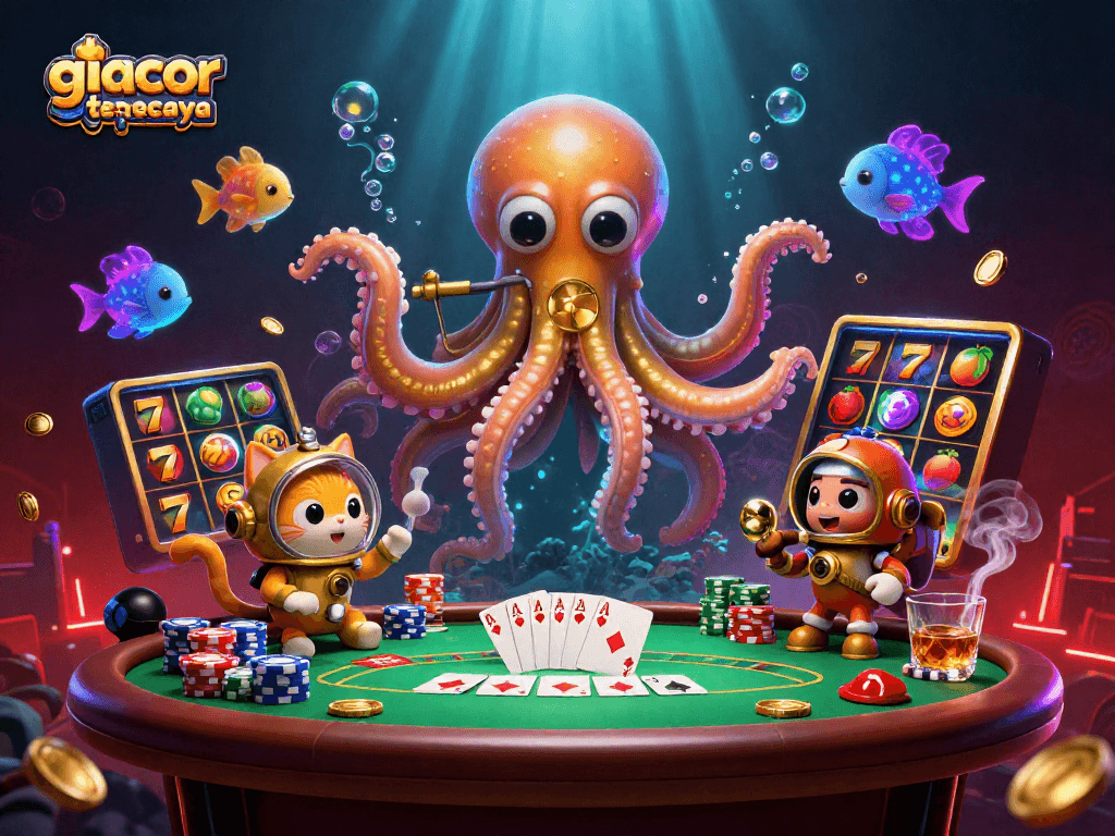 Engage with slot gacor terpercaya in this vibrant 3D scene featuring kraken and diving cat amid dynamic gaming elements.