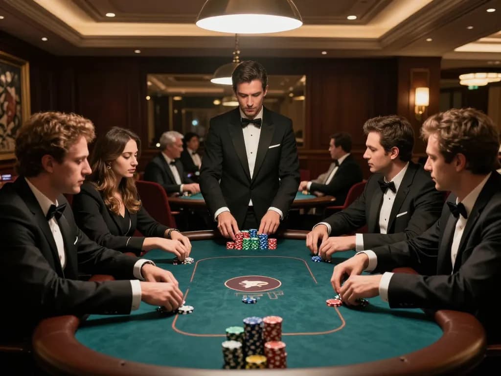 Poker berisiko tinggi di MejaVIP dengan pemain yang fokus dan tumpukan chip tinggi di kasino mewah.