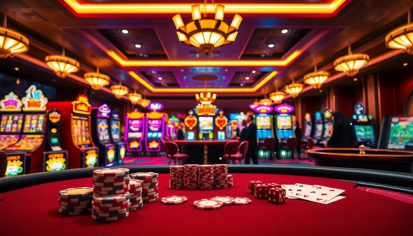 Experience thrilling gameplay at lego138 with vibrant casino elements like slot machines and poker tables.