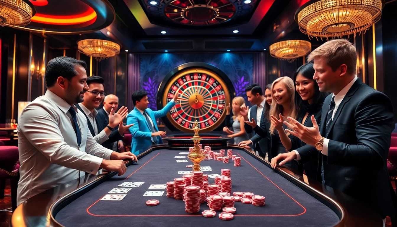 Exciting casino scene showcasing players at the j88 com gambling table with vibrant chips and a roulette wheel.