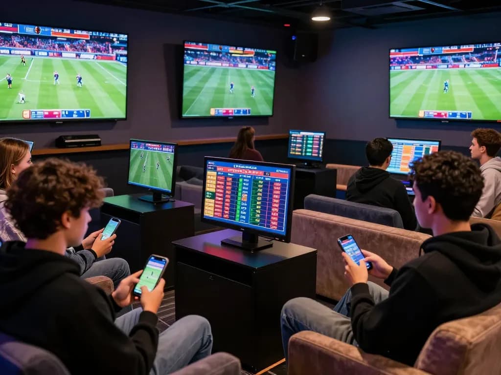 Zbet users actively engaging in sports betting at a vibrant lounge with modern digital screens.