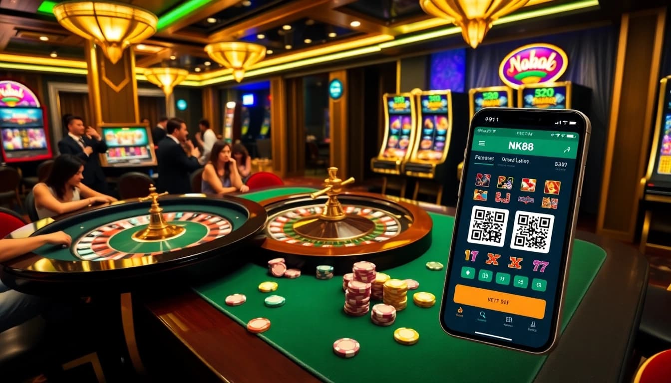 NK88 players enjoying a vibrant casino atmosphere with roulette and slot machines.