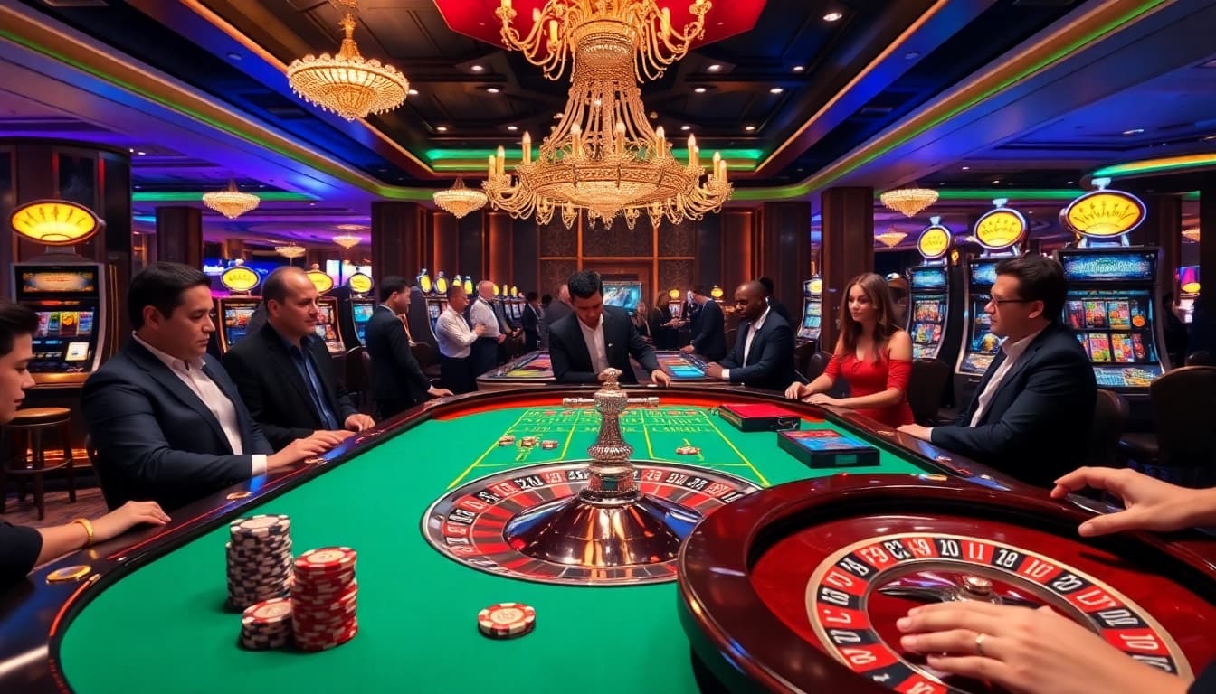 Engage in thrilling games at https://luck882.co.com/ with a vibrant casino atmosphere featuring roulette tables and players.