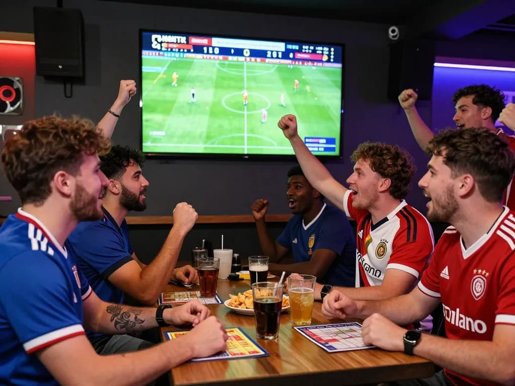 Soi kèo ligue 1 atmosphere with fans cheering for their teams in a vibrant sports bar during live match betting.