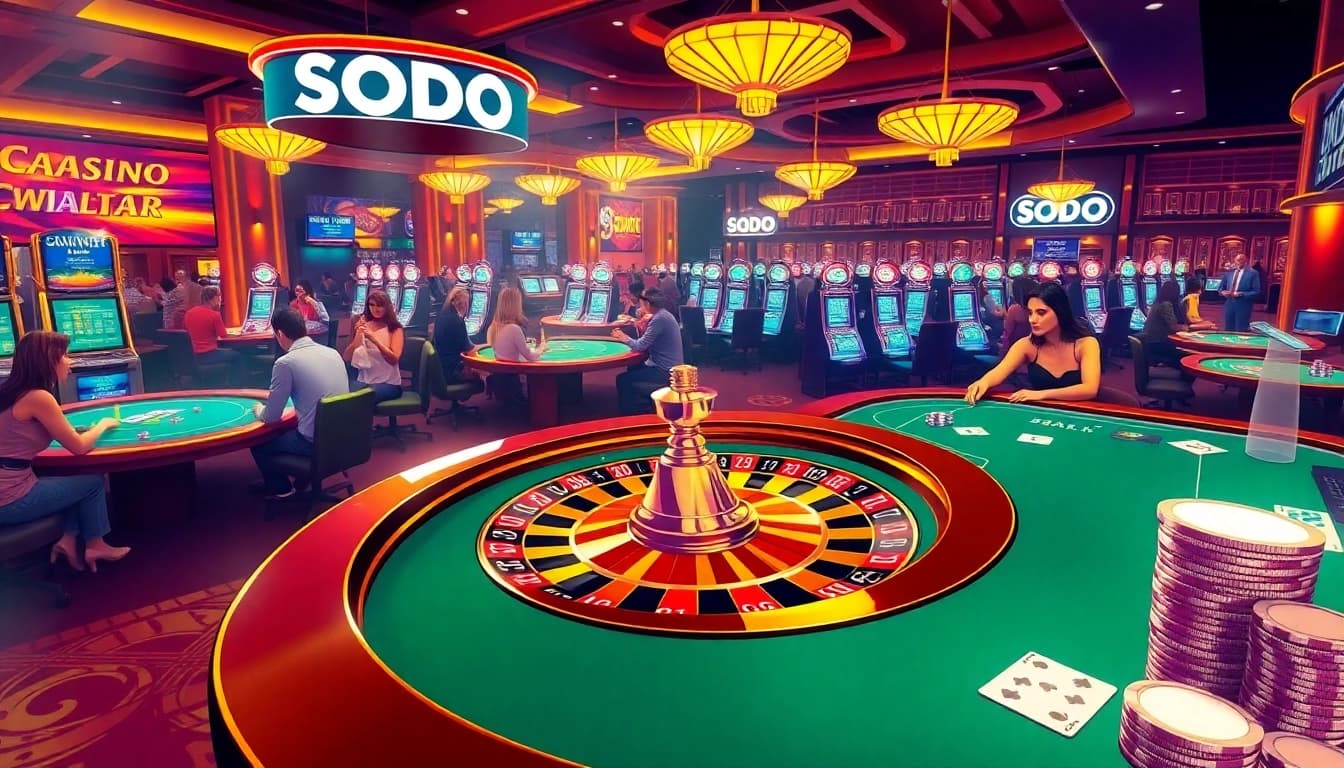 Players enjoying games at SODO Casino with vibrant slot machines and poker tables.