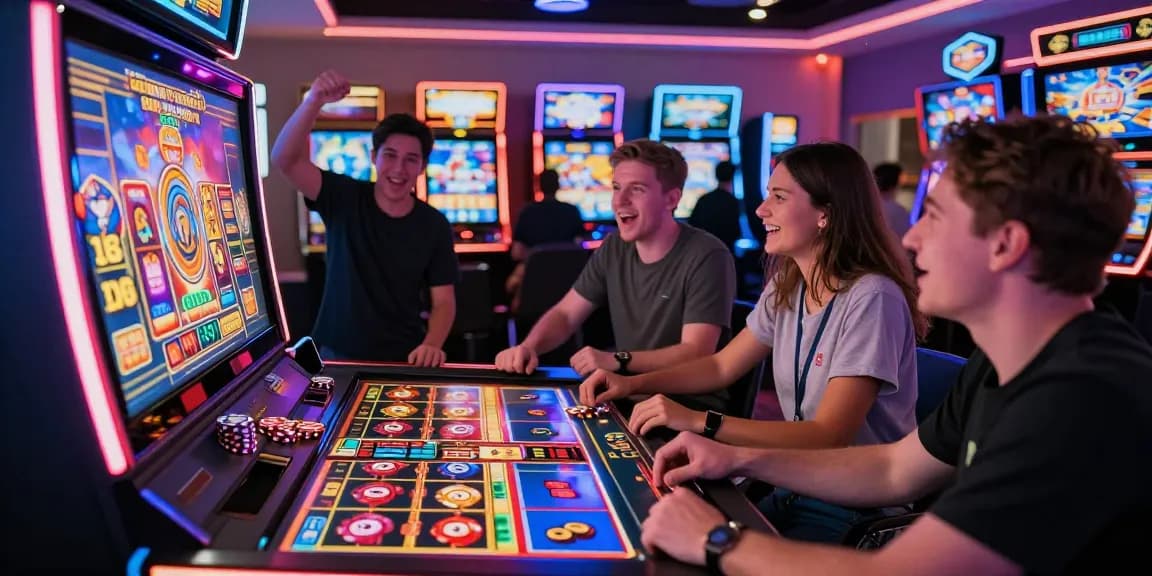 Exciting gaming scene showcasing osaka88 slot machine surrounded by enthusiastic players.