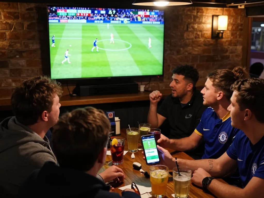 Soi kèo Chelsea enthusiasts engaging in live sports betting at a vibrant sports bar