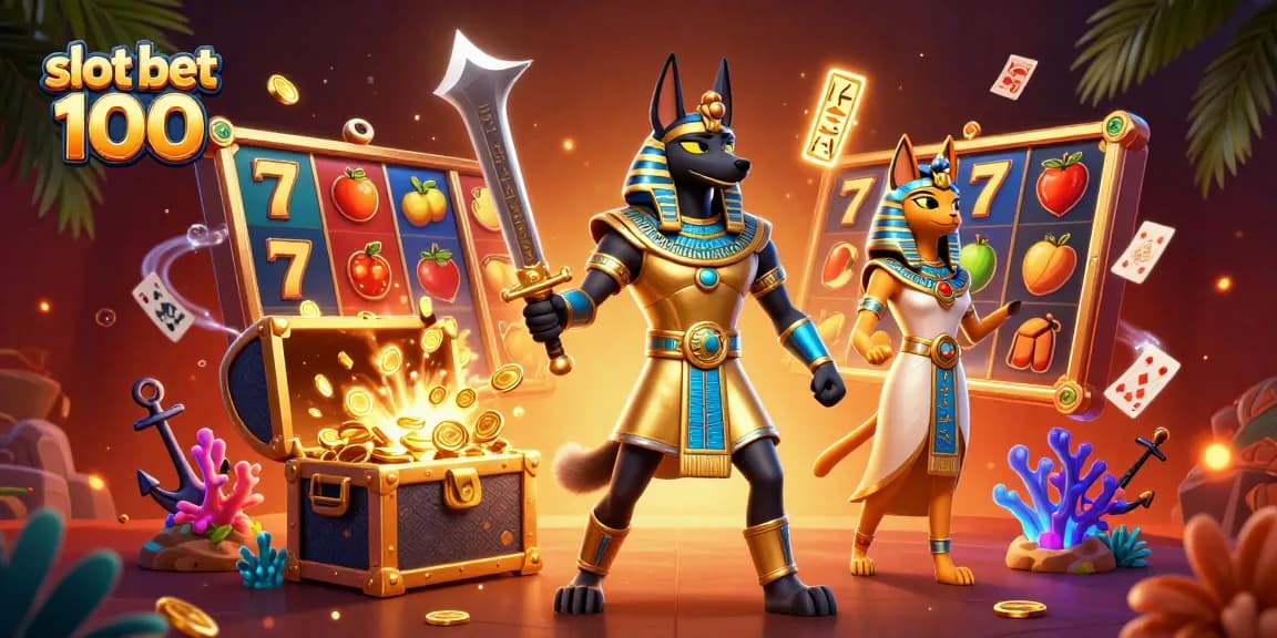 Spin the slot bet 100 with the ancient Egyptian warrior Anubis amid vibrant casino elements.