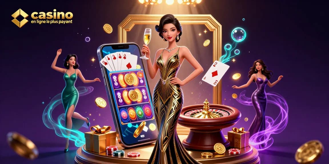 Découvrez le frisson du casino en ligne le plus payant avec une scène glamoureuse mettant en vedette des personnages élégants et des éléments de jeu captivants.