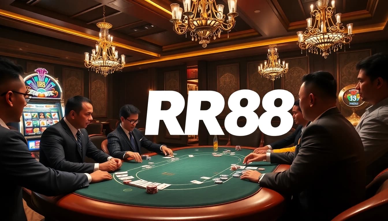 Dynamic scene of players enjoying a game at RR88 casino poker table with colorful chips and cards.
