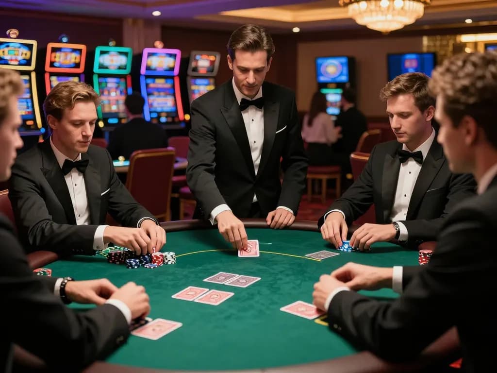 G28 players immersed in an exciting poker game at a luxurious casino, showcasing chips and dealer actions.