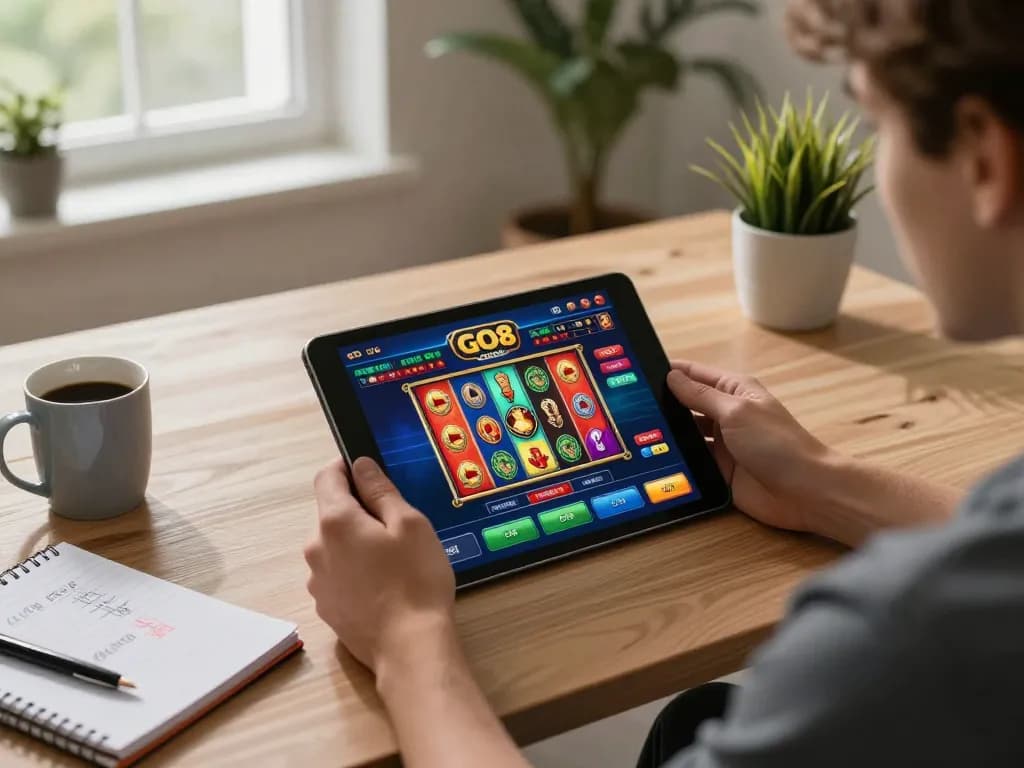 Engaging in online gambling through the GO8 app from a cozy home setting, showcasing tablet gameplay.