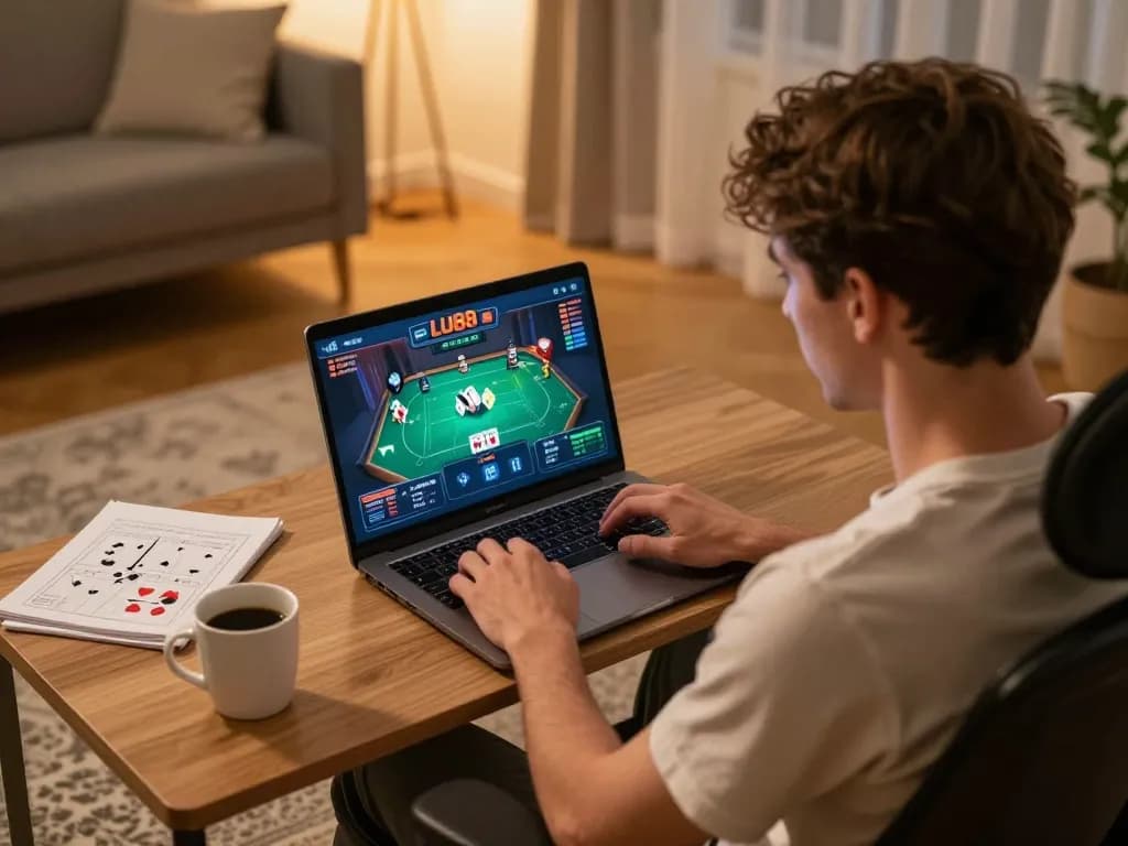 Player engaged in LU88 online poker game, showcasing a modern gaming setup with strategy notes.