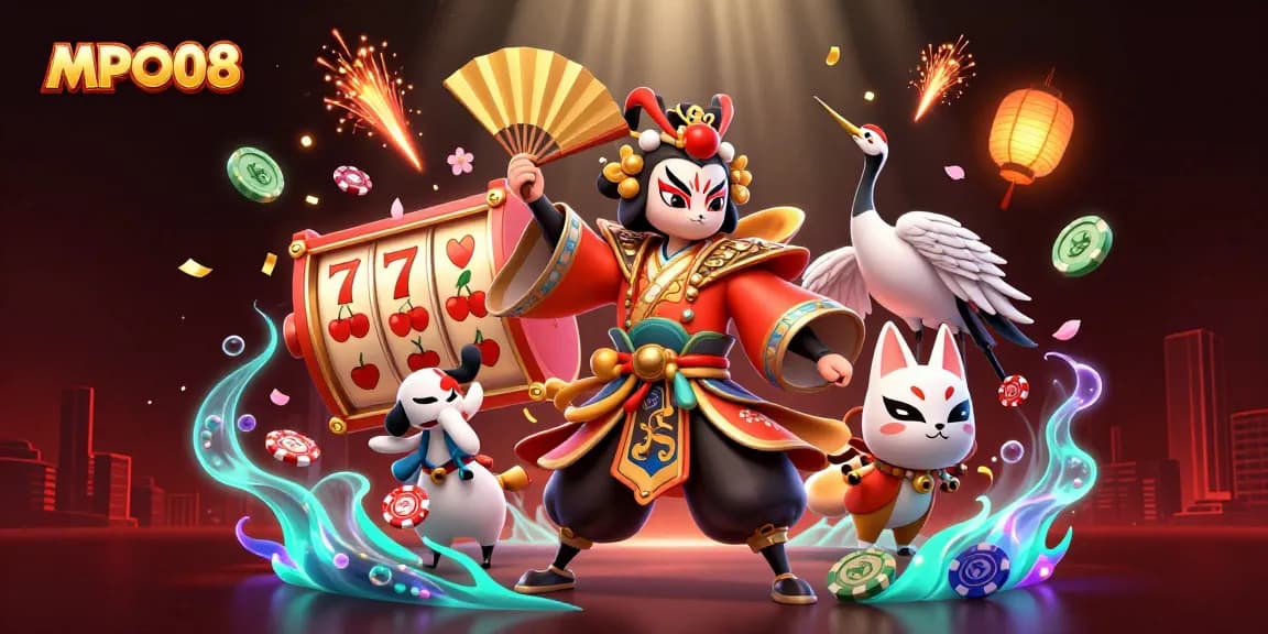 Experience big wins with MPO08 in a vibrant casino scene featuring lively characters and slot machines.