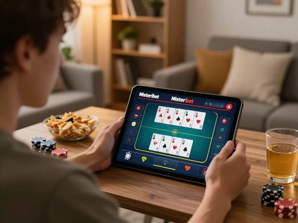 Misteribet player engaging in an online poker game with tablet and strategic notes