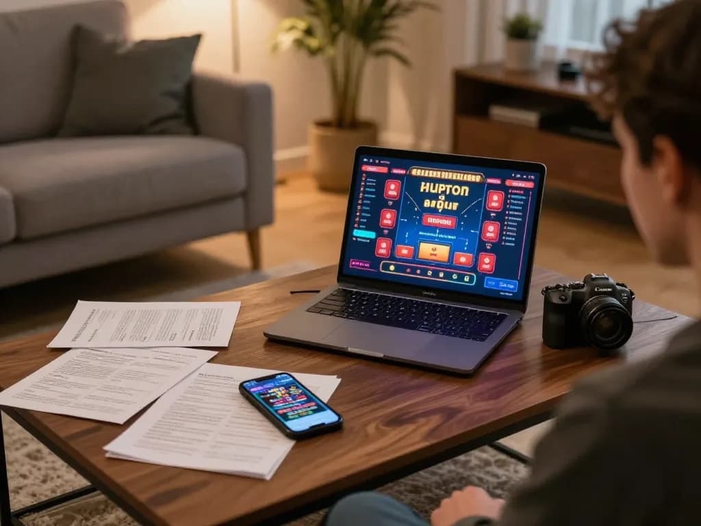 F168 online gambler engaging with a vibrant casino interface at home, emphasizing responsible gaming.