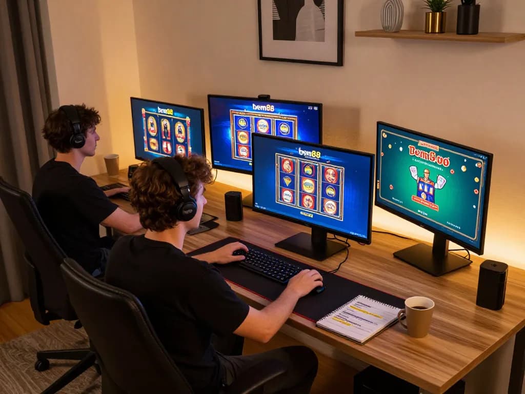 Engaging online gaming scene showcasing bem88 interface with multiple screens and strategic notes.