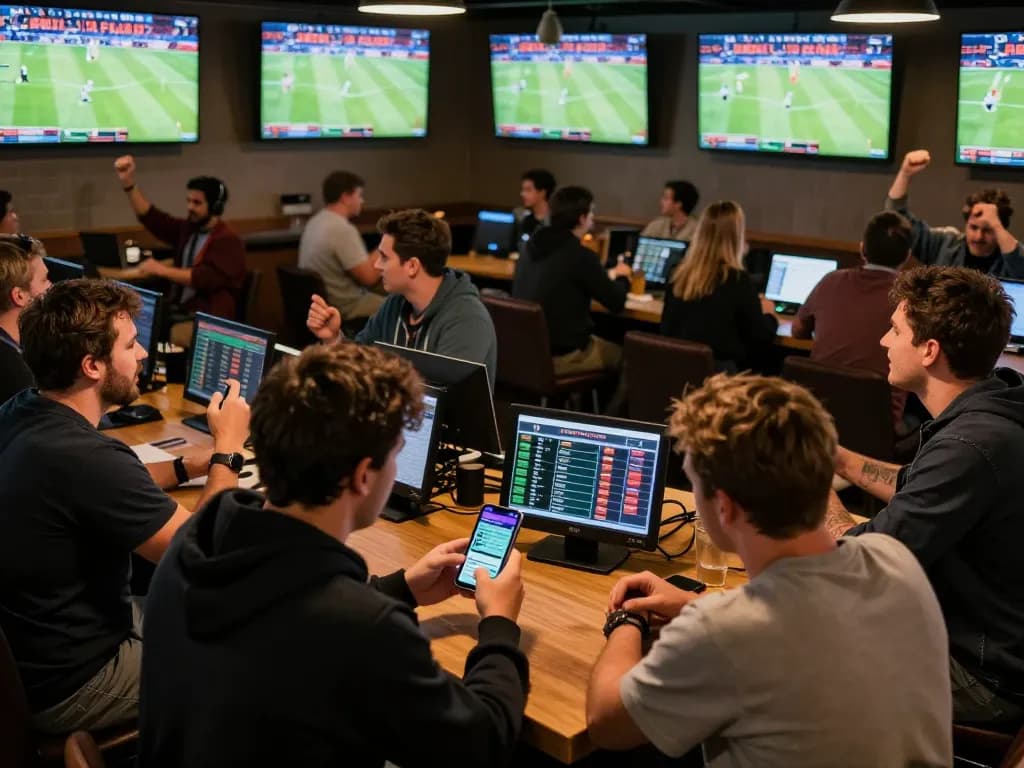 Thrilled sports bettors engaging with 789bet app during a live match at a lively sports bar.