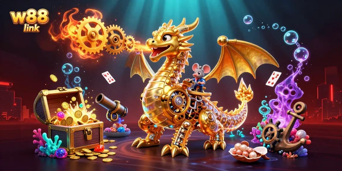 Engage with exciting gaming at w88 link, featuring a vibrant 3D dragon and treasure.