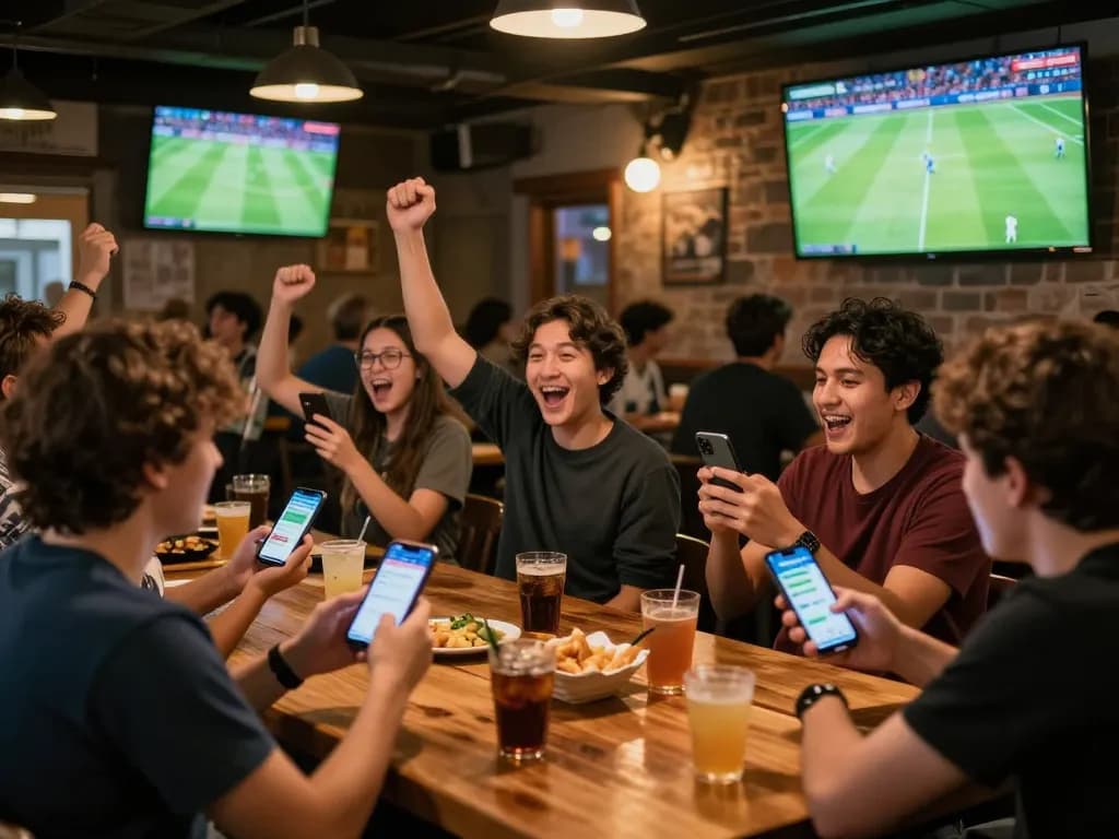 Fans engaging with CakhiaTV Link Xem Bóng Đá Trực Tuyến Full HD, Không Chặn at a vibrant sports bar during a live match.