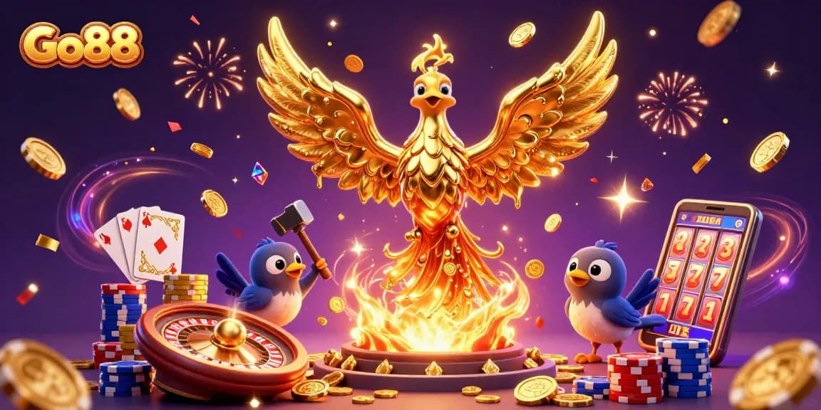 Play and win with Go88's golden phoenix emerging from a molten forge, surrounded by thrilling casino elements and excitement.