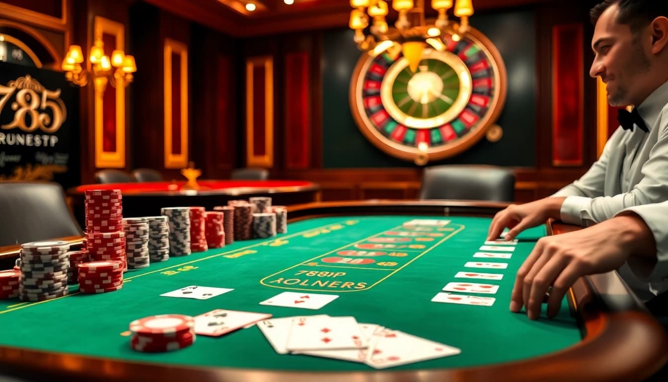 Players enjoying a high-stakes poker game at 789P casino, showcasing poker chips and cards.