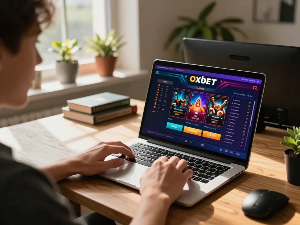 Engaging gameplay on Oxbet casino site with player at home using laptop in comfortable setting.