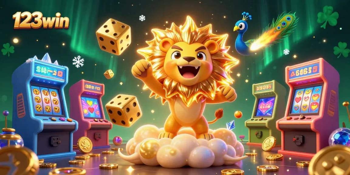 Experience 123win with a spectacular casino-themed illustration showcasing golden dice, vibrant game elements, and a roaring lion.