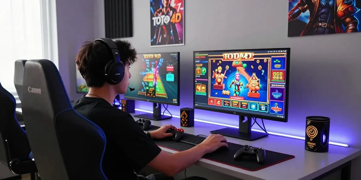Pengguna terjun4d asyik bermain permainan Toto 4D dalam ruang permainan modern dengan perangkat gaming.