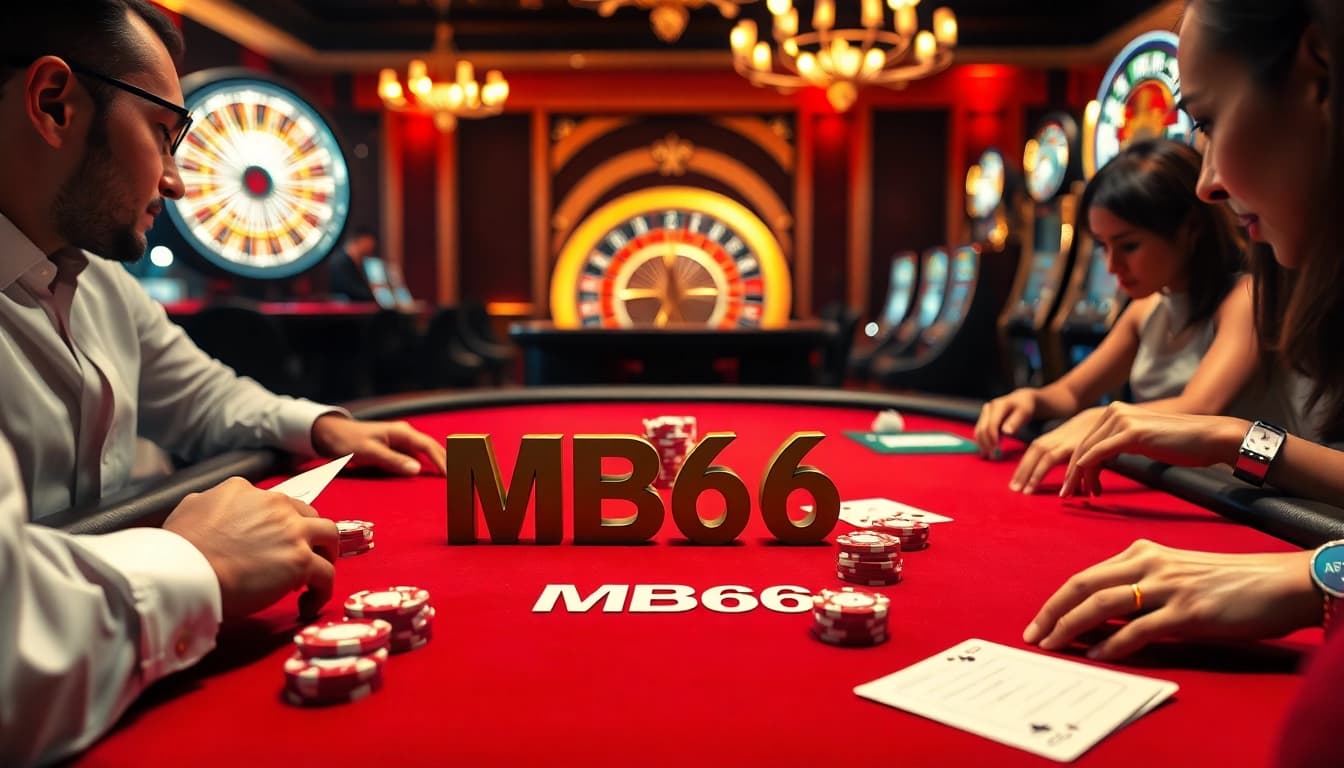 Players engaging in an exciting poker game at a luxurious casino featuring MB66 themed elements.