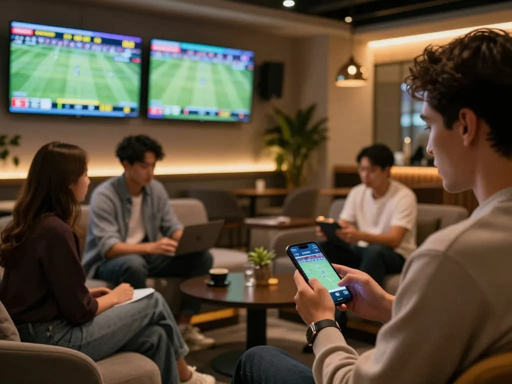 Active sports betting scene with 789P users placing bets on mobile devices, enjoying a vibrant atmosphere