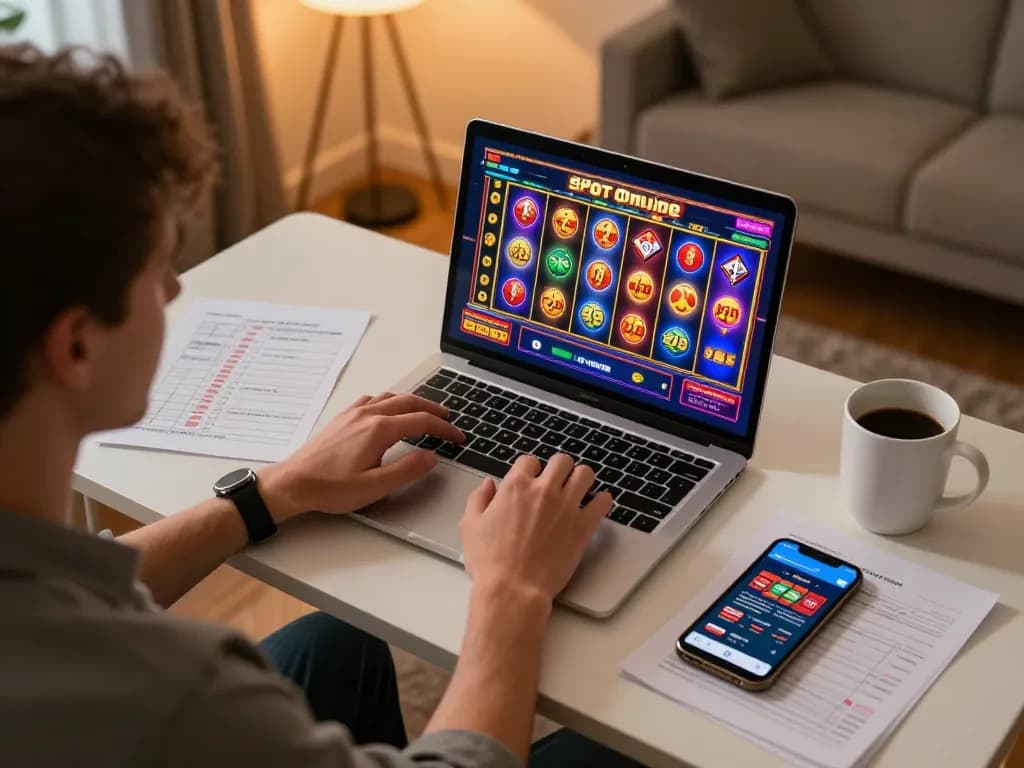 Engaged in Slot Online gameplay, a player strategizes at home with notes and casino app on laptop.