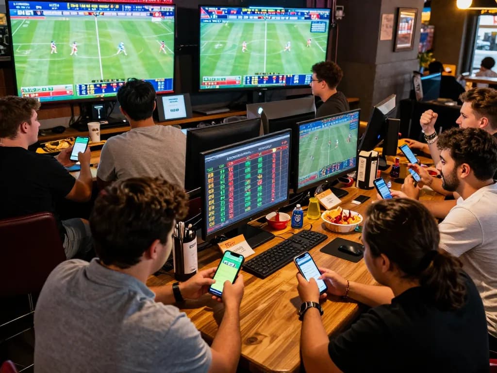Engaged players use the uu88 app for sports betting on multiple screens in a lively atmosphere.