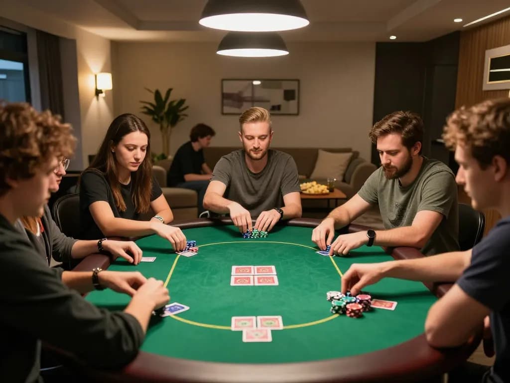Person enjoying a poker game at home using Say88, chips and cards on the table in lively atmosphere