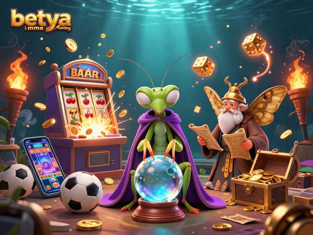 Experience betya.com MMA betting with a vibrant 3D illustration featuring sports elements and magical characters.