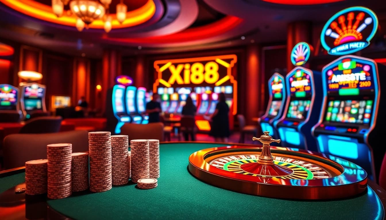 Experience a thrilling game at Xin88's luxury casino with vibrant slot machines and roulette.