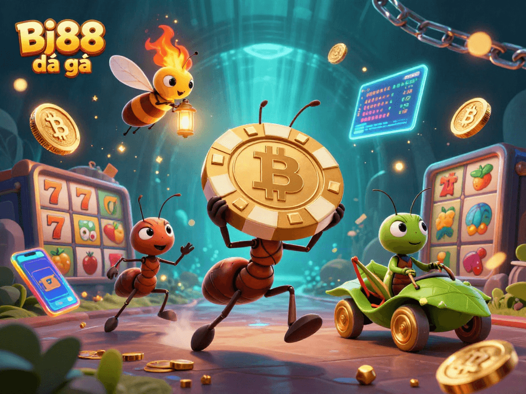 Bj88 đá gà showcases ants stealing golden poker chips in a dynamic gambling scene filled with vibrant slot elements.