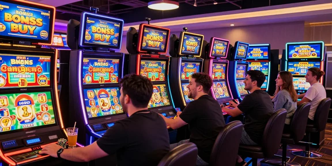 Experience thrilling bonus buy slots at celebratepanto.co.uk/ with vibrant casino gaming, excited players, and colorful machines.