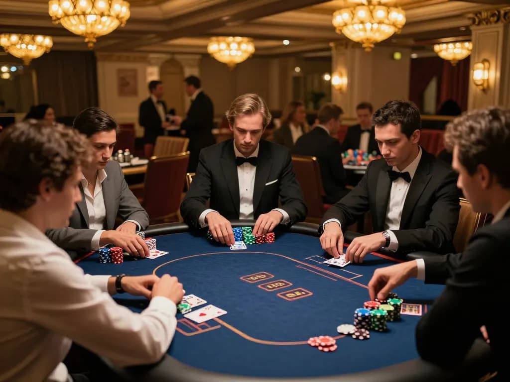 Players engaged in a high-stakes poker game at a luxurious casino table showcasing shbet excitement and strategy.