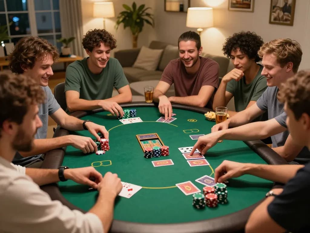 Engaging poker night with friends showcasing non gamstop casinos, lively table atmosphere, and colorful chips.