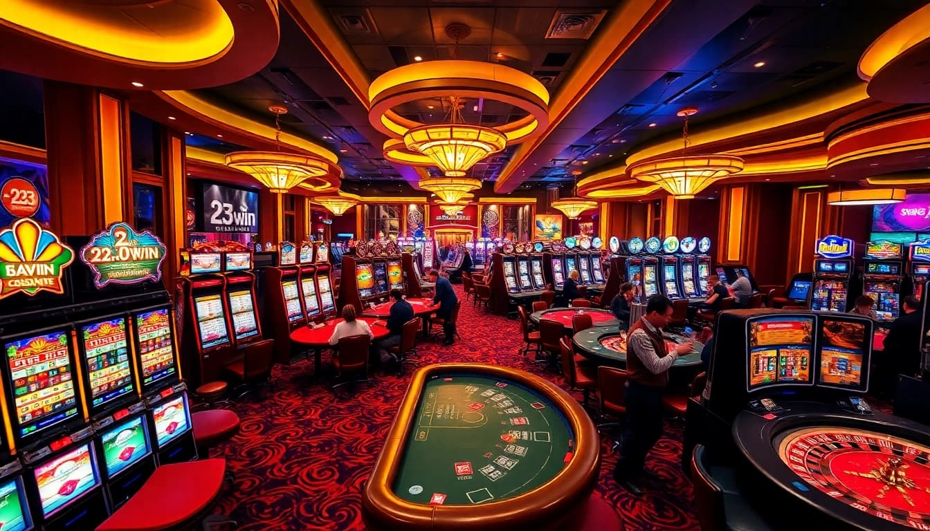 Players enjoying a lively casino experience at 23win, featuring vibrant slot machines and poker tables.