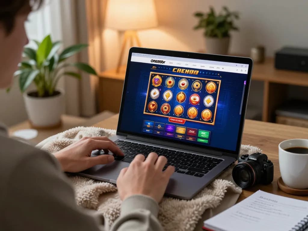 Player engages in an exciting online gaming session with one88br's colorful slot interface in a cozy setting