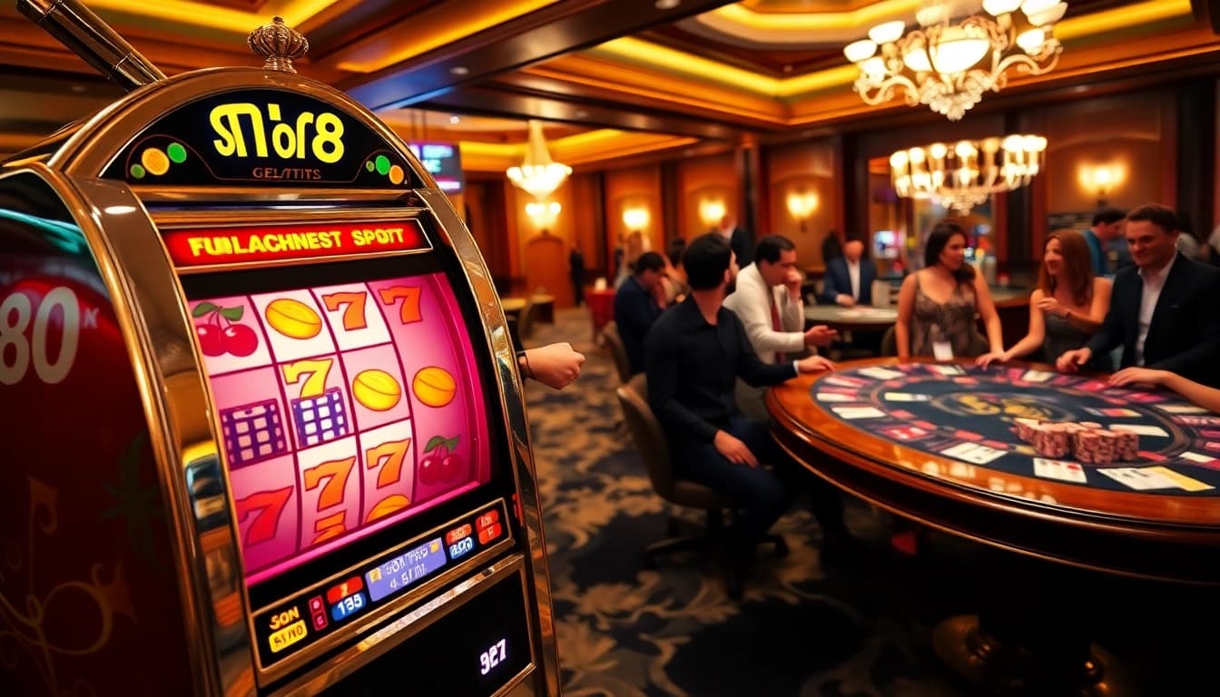 Pemain yang bersemangat berinteraksi dengan mesin slot88 yang vibrant di lingkungan kasino mewah.